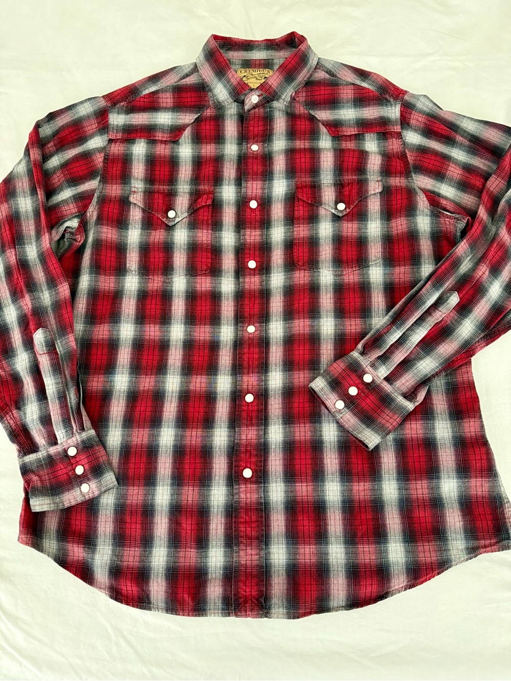 Cremieux Premium Denim Mens L Red Plaid Pearl Snap Western Shirt Cowboy